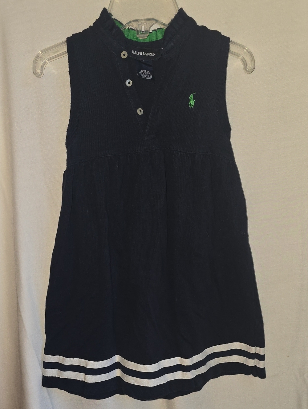 Ralph Lauren Navy Sleeveless Polo Dress with Green Pony and White Hem Stripes